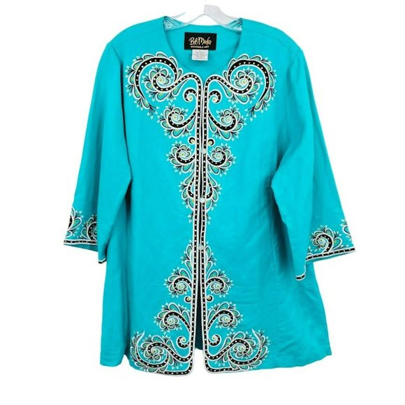 Bob Mackie Wearable Art Tunic Top Jacket L Colorful Embroidered Boho Button Up - Picture 12 of 12